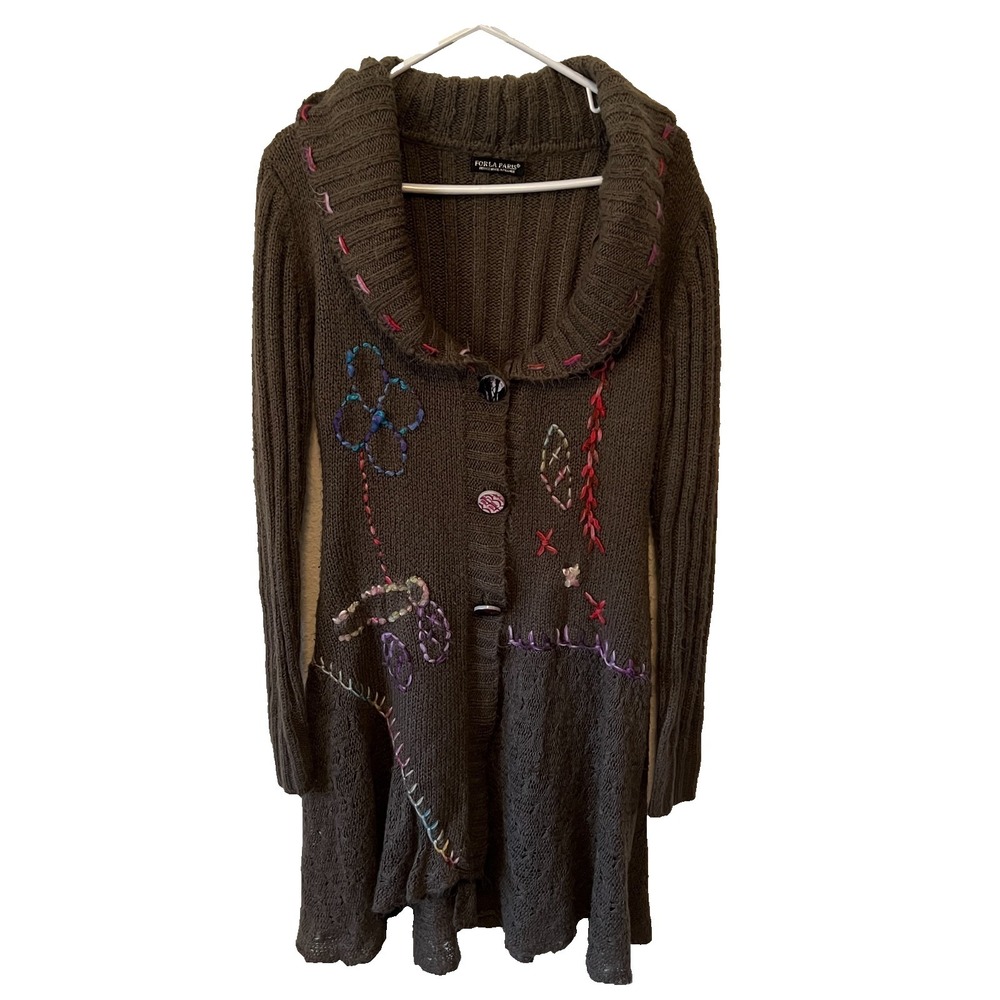 Forla Paris Womens Brown Knit Crochet Cardigan Cottagecore‎ Boho Art Deco